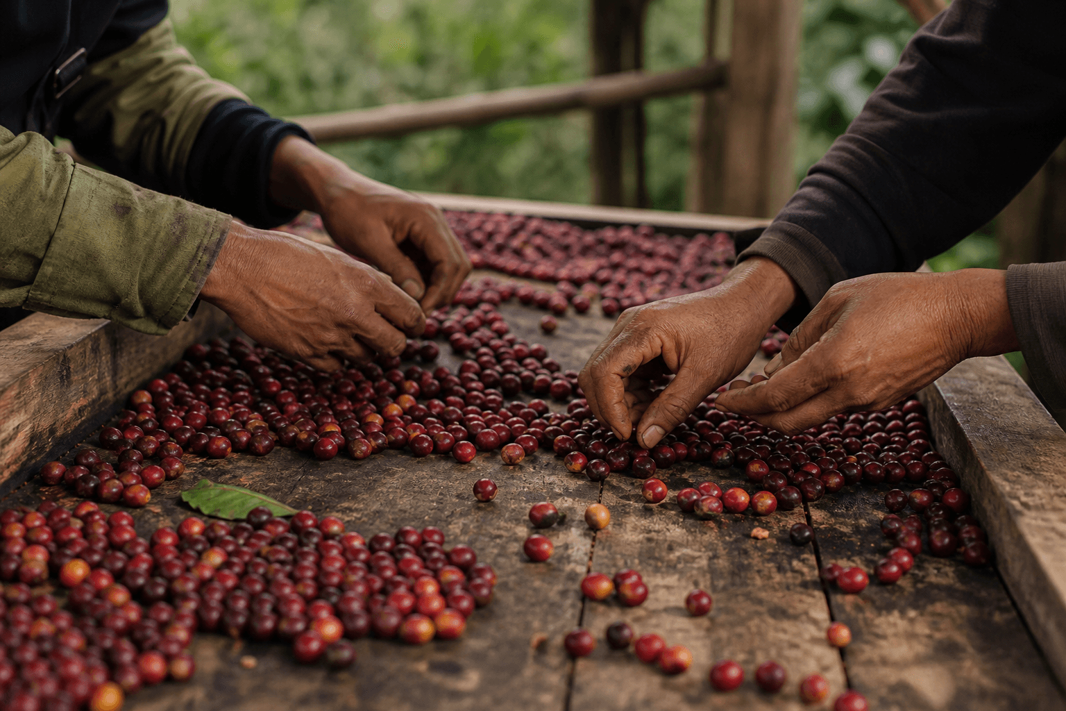 Hands sorting ripe coffee cherries on a wooden table