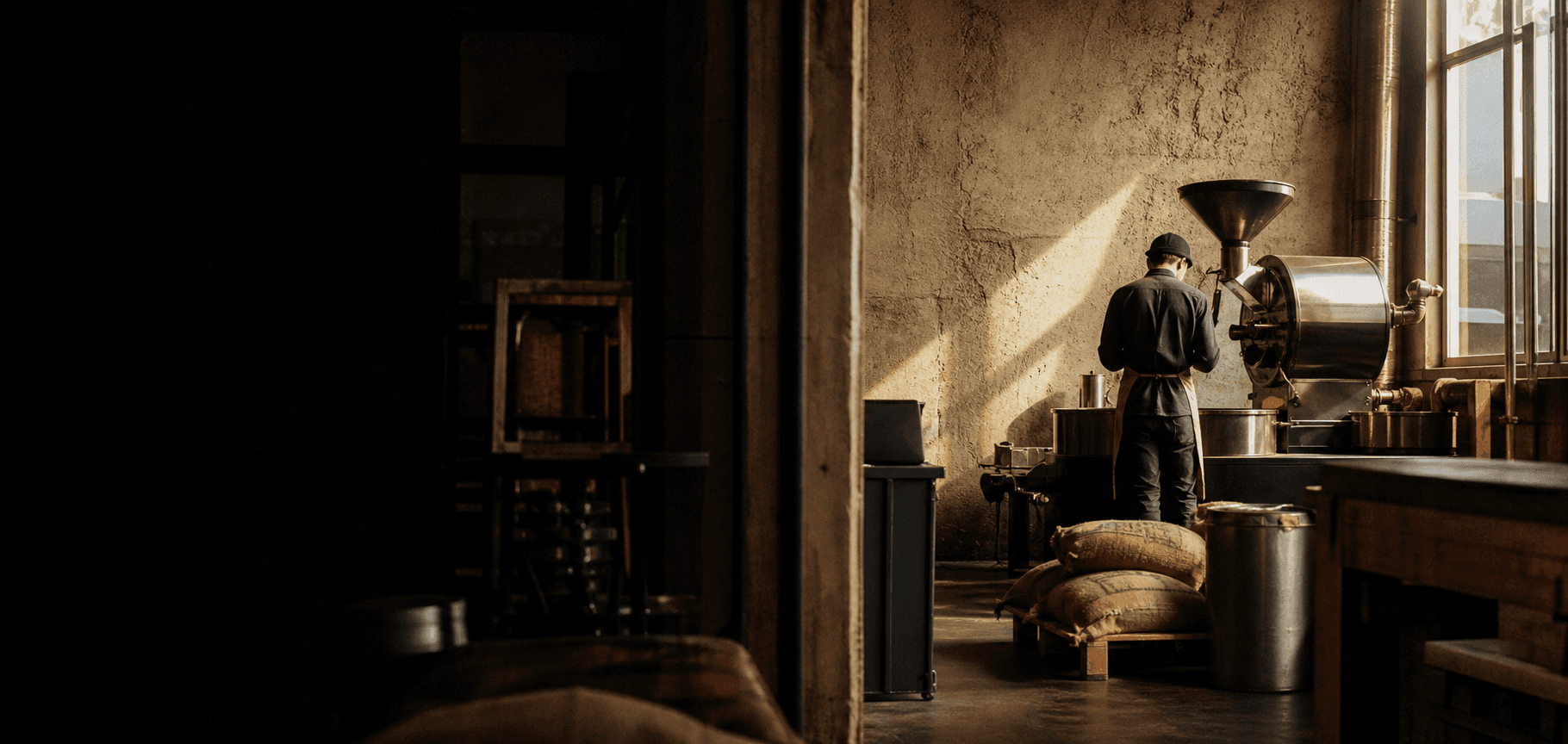 A coffee roaster working beside a drum roaster in warm window light